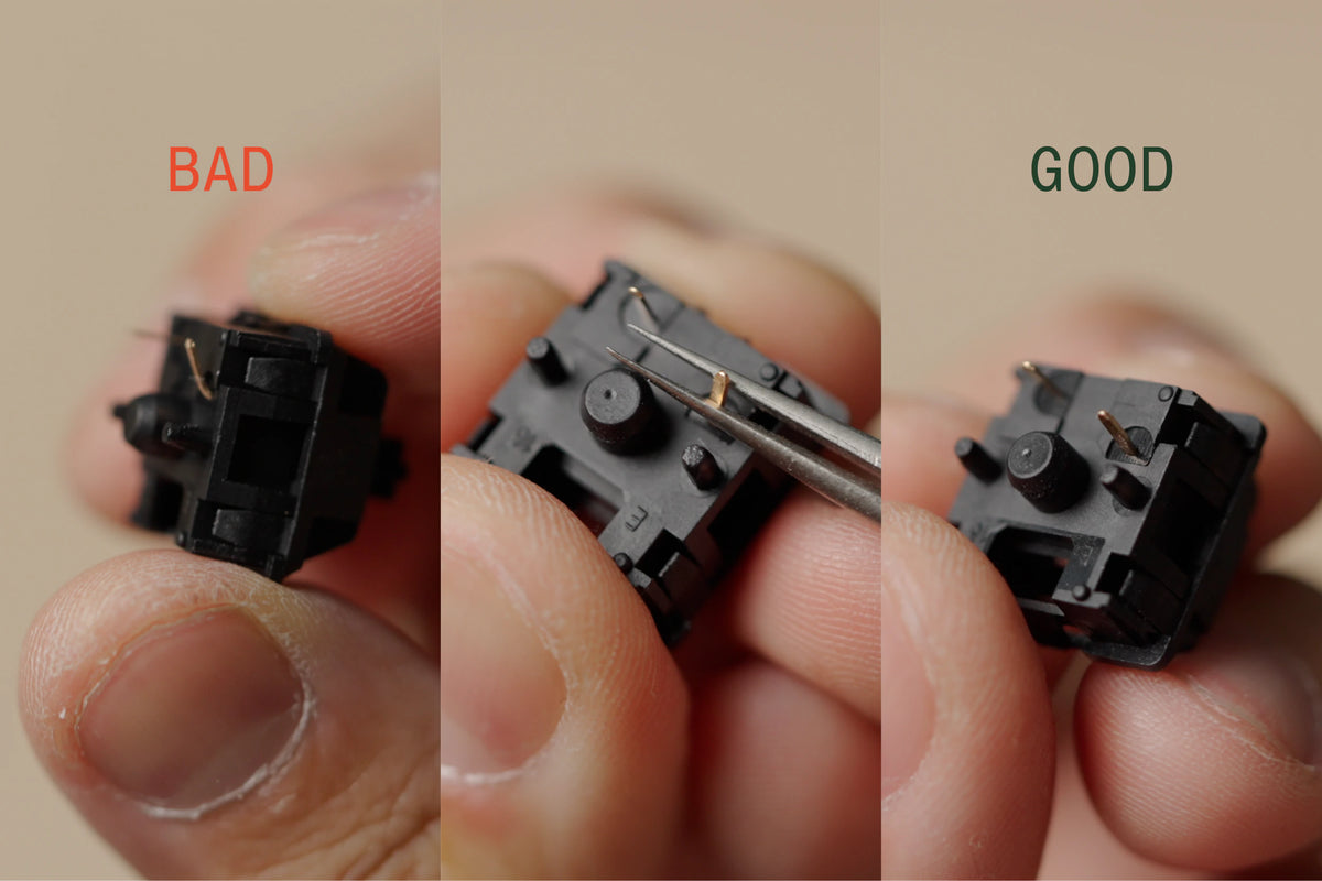 Check that each switch's pins are straight. Bend any bent pins straight again with tweezers.